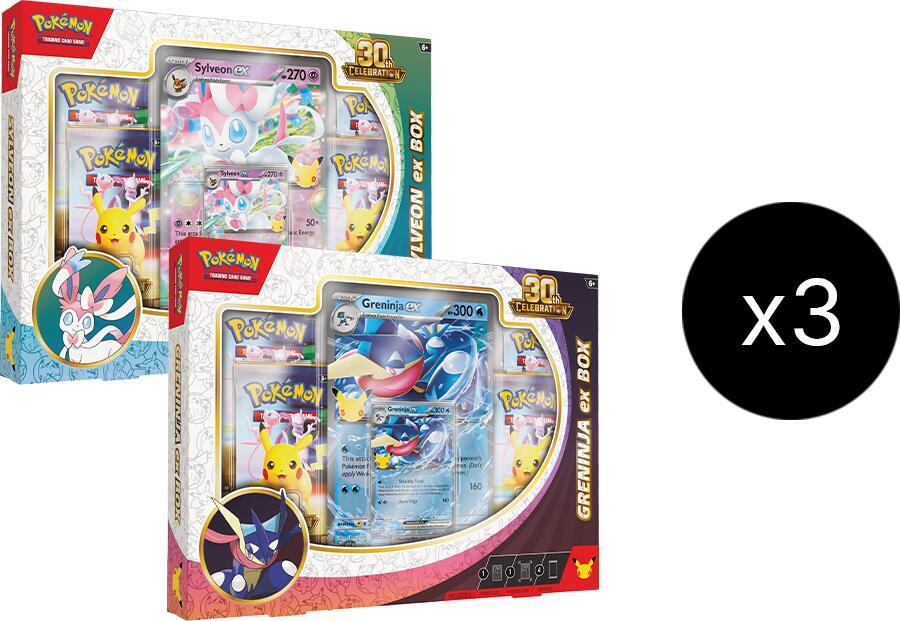 30th Celebration ex Box sealed case, six boxes, three Sylveon ex and three Greninja ex