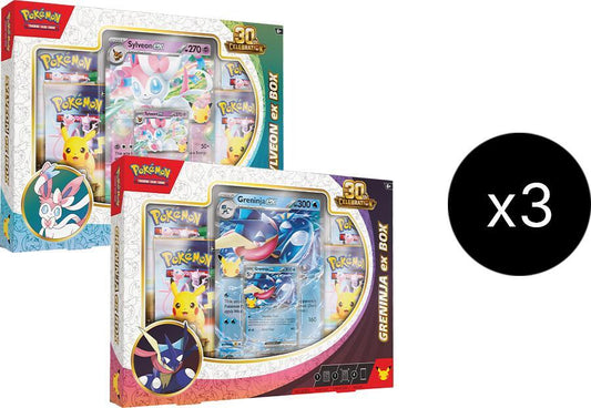 30th Celebration ex Box sealed case, six boxes, three Sylveon ex and three Greninja ex